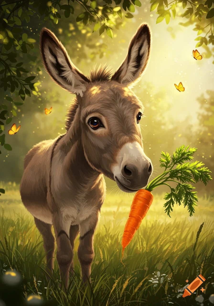 An adorable donkey stands in a sunlit meadow, looking at a carrot it holds in its mouth. Butterflies flutter around.