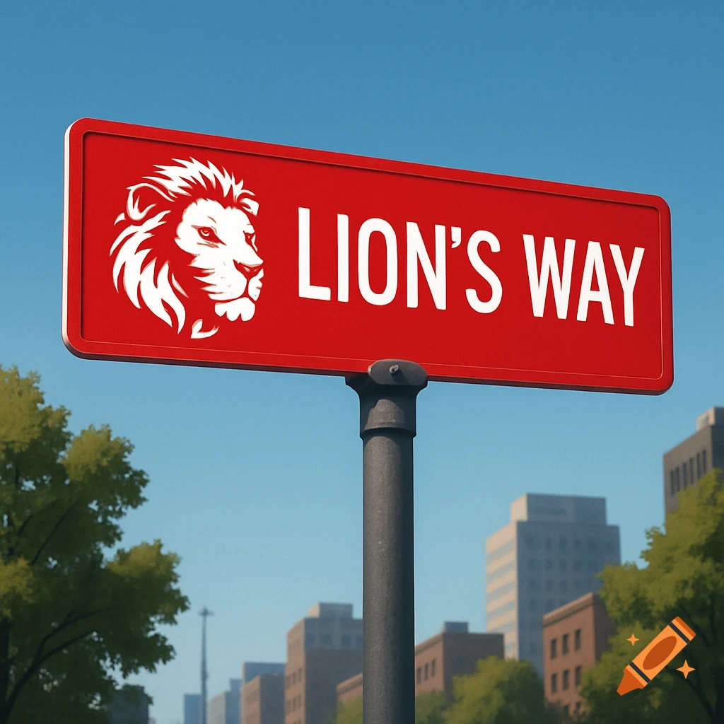 A red street sign with a white lion head logo and the words 'LION'S WAY' in white, set against a blue sky with city buildings and trees.