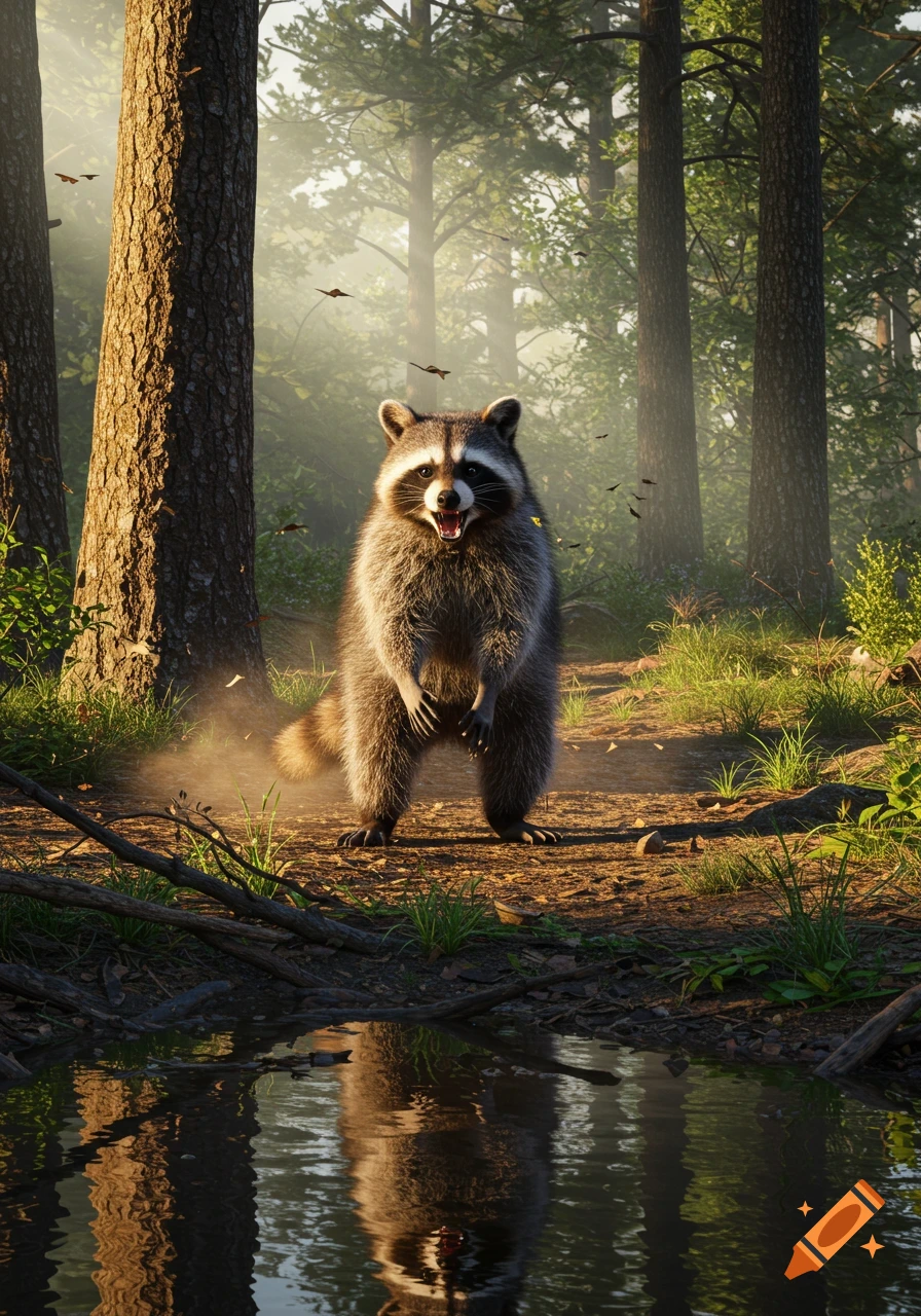 A photorealistic raccoon stands on a dirt path in a sunlit forest, reflected in a small puddle.