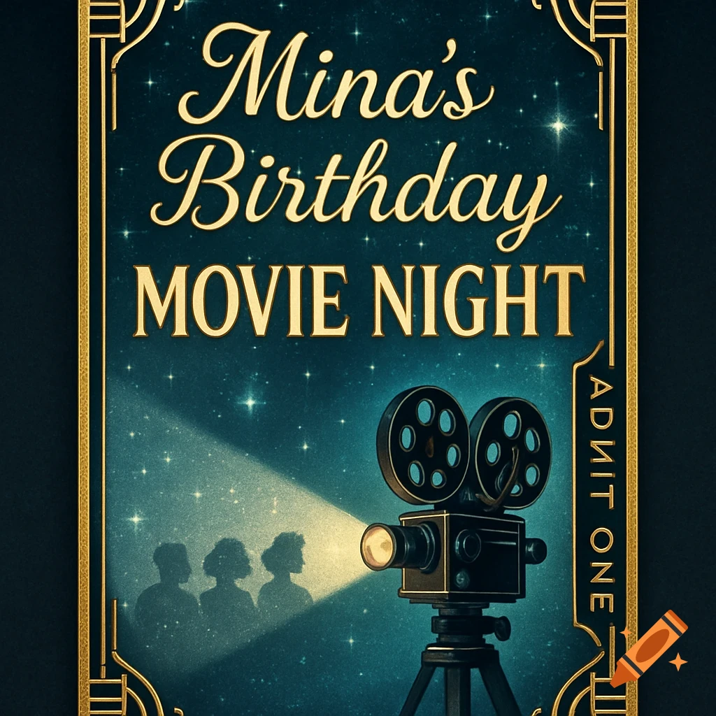 Vintage movie night invitation for Mina's birthday with a projector, silhouettes, and starry background.