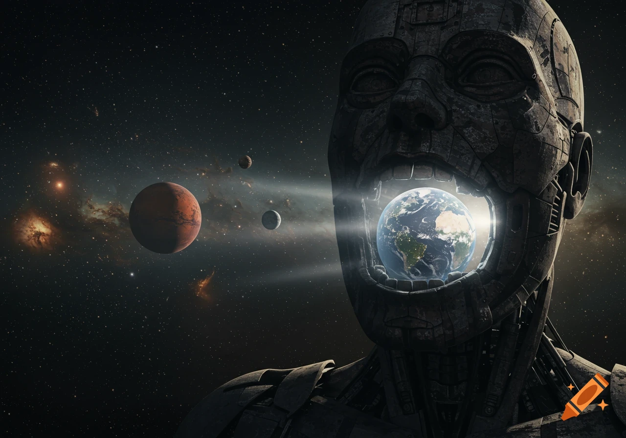 A hyper-realistic digital artwork depicts a colossal weathered humanoid machine in outer space, holding Earth in its open mouth. Mars and stars fill the background.