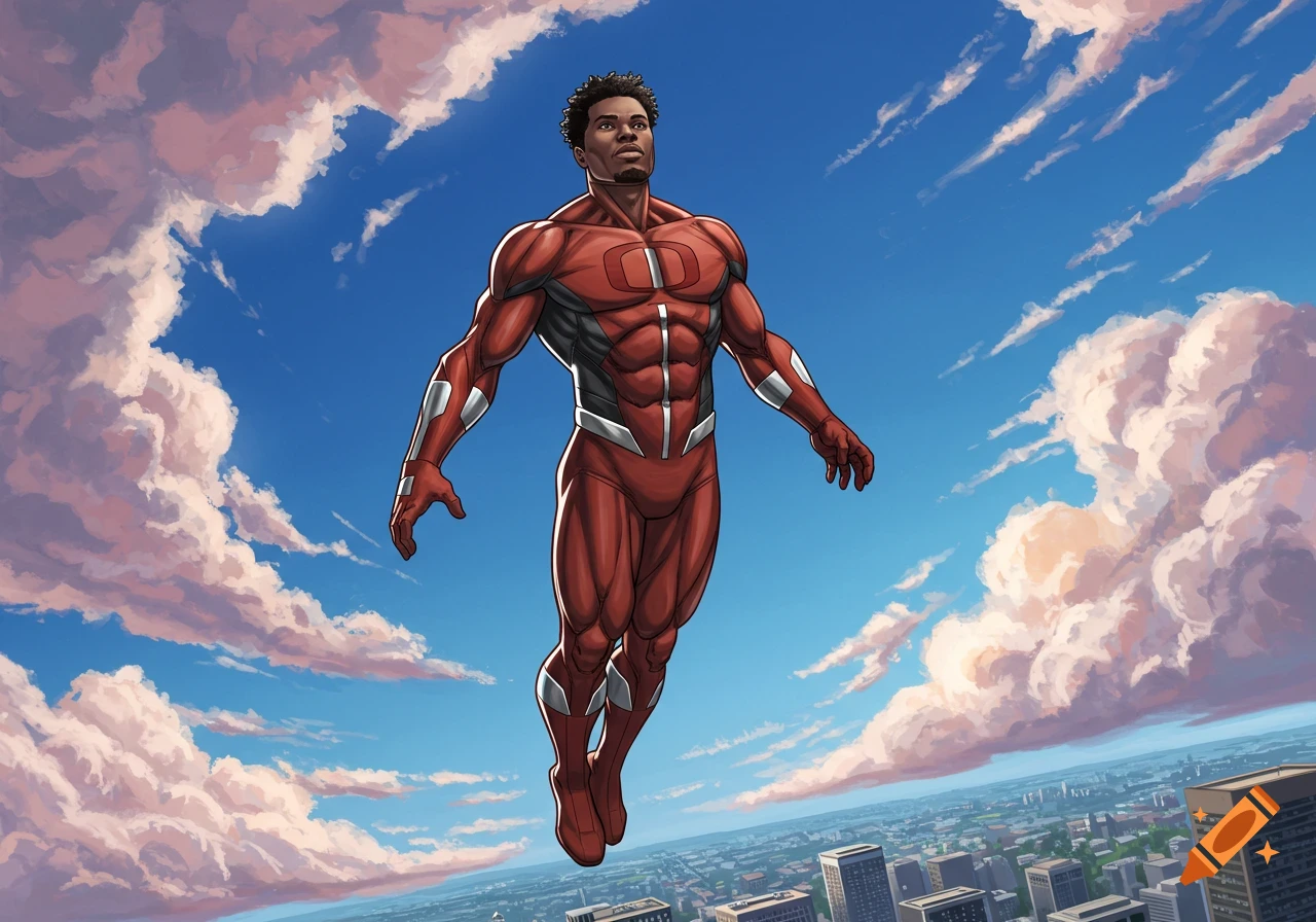 A muscular African American superhero in a red and silver suit with an 'O' flies through a blue sky above a city. Comic art style.