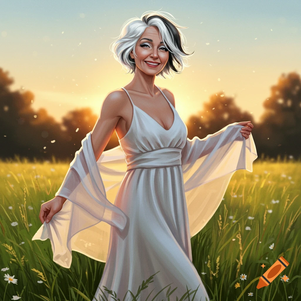 A smiling woman with short white and black hair in a white dress stands in a sunny field at sunset.