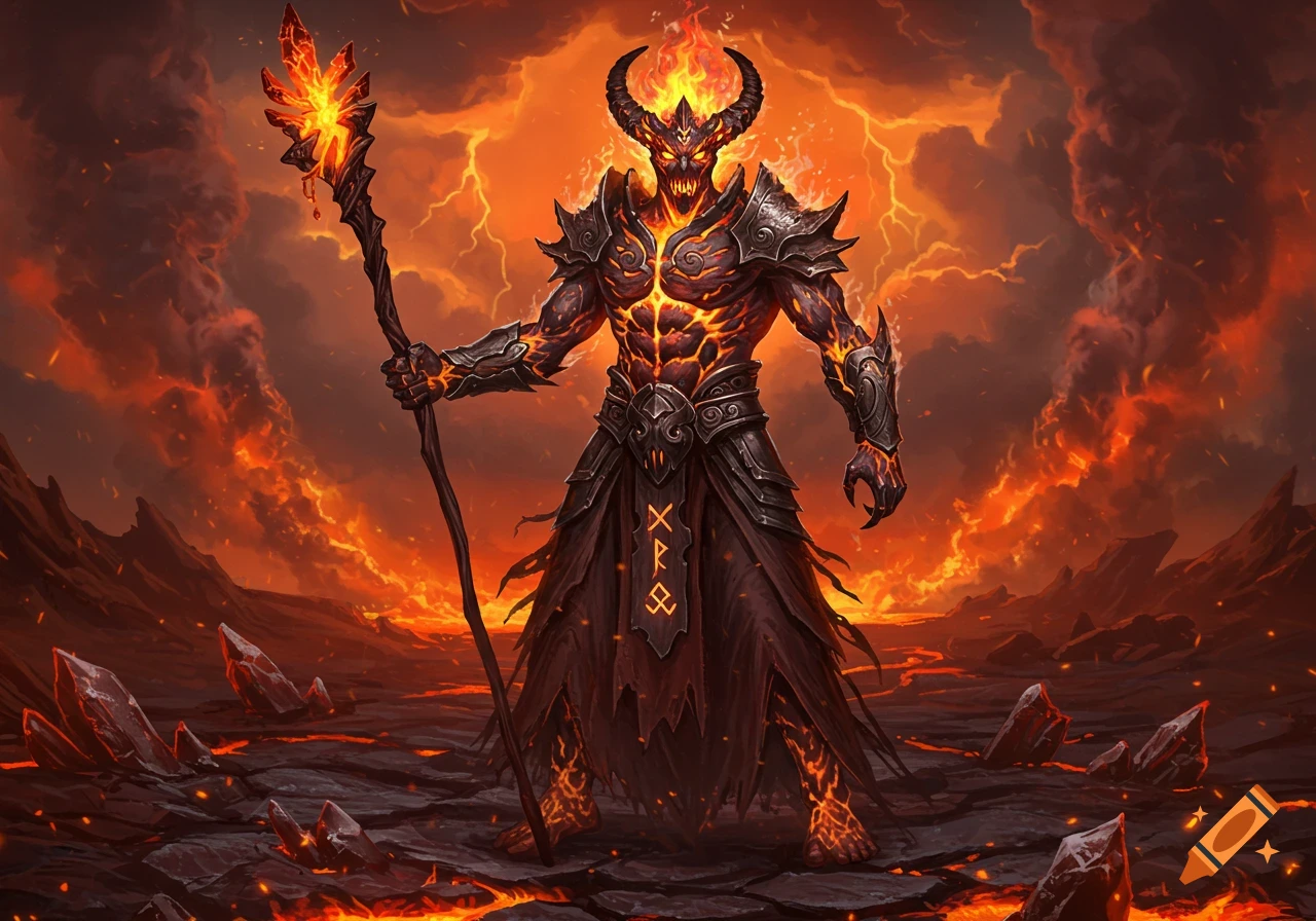 A formidable fiery demon shaman holding a glowing staff stands in a volcanic landscape with lava and lightning.