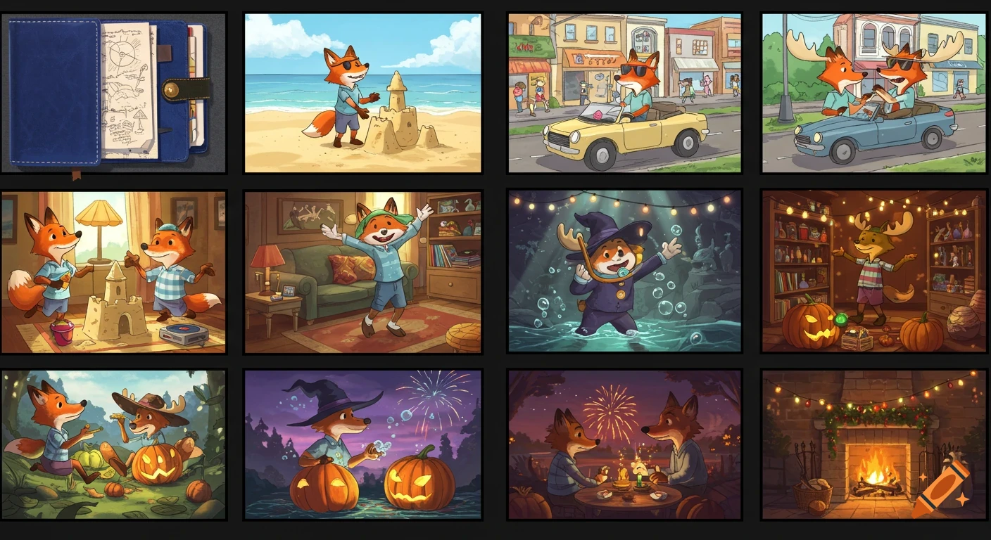 A twelve-panel cartoon illustration featuring foxes and moose engaged in various activities: opening a notebook, building sandcastles, driving cars, relaxing indoors, swimming, carving pumpkins, and watching fireworks.