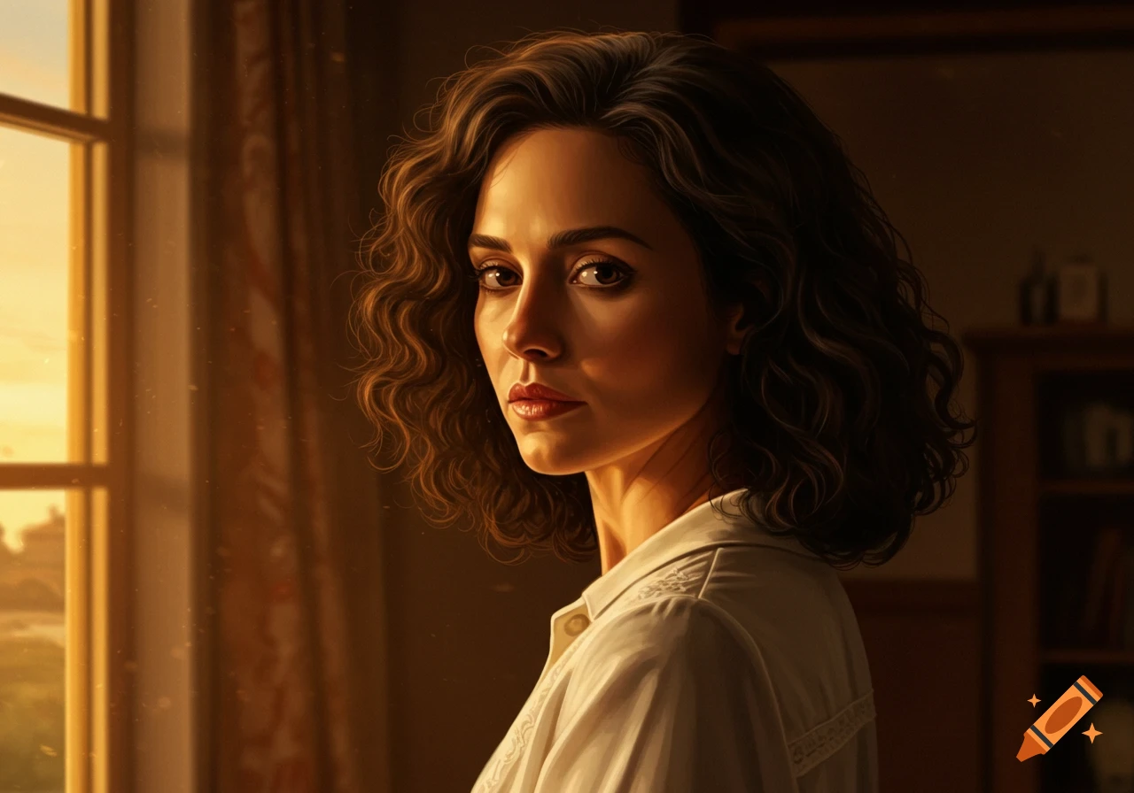 A realistic portrait of a woman with curly brown hair, looking over her shoulder, bathed in warm golden sunlight from a window.