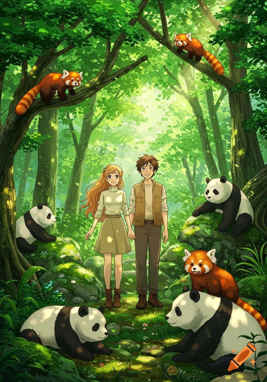 Anime couple holding hands in a magical forest with red pandas climbing trees and giant pandas lounging on mossy rocks.