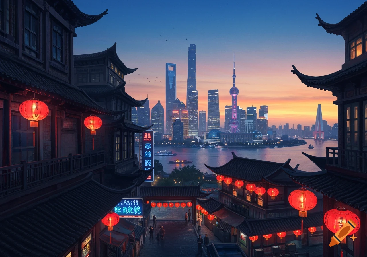 A vibrant view of Shanghai at dusk, with traditional Chinese architecture and red lanterns overlooking the modern city skyline across the river.