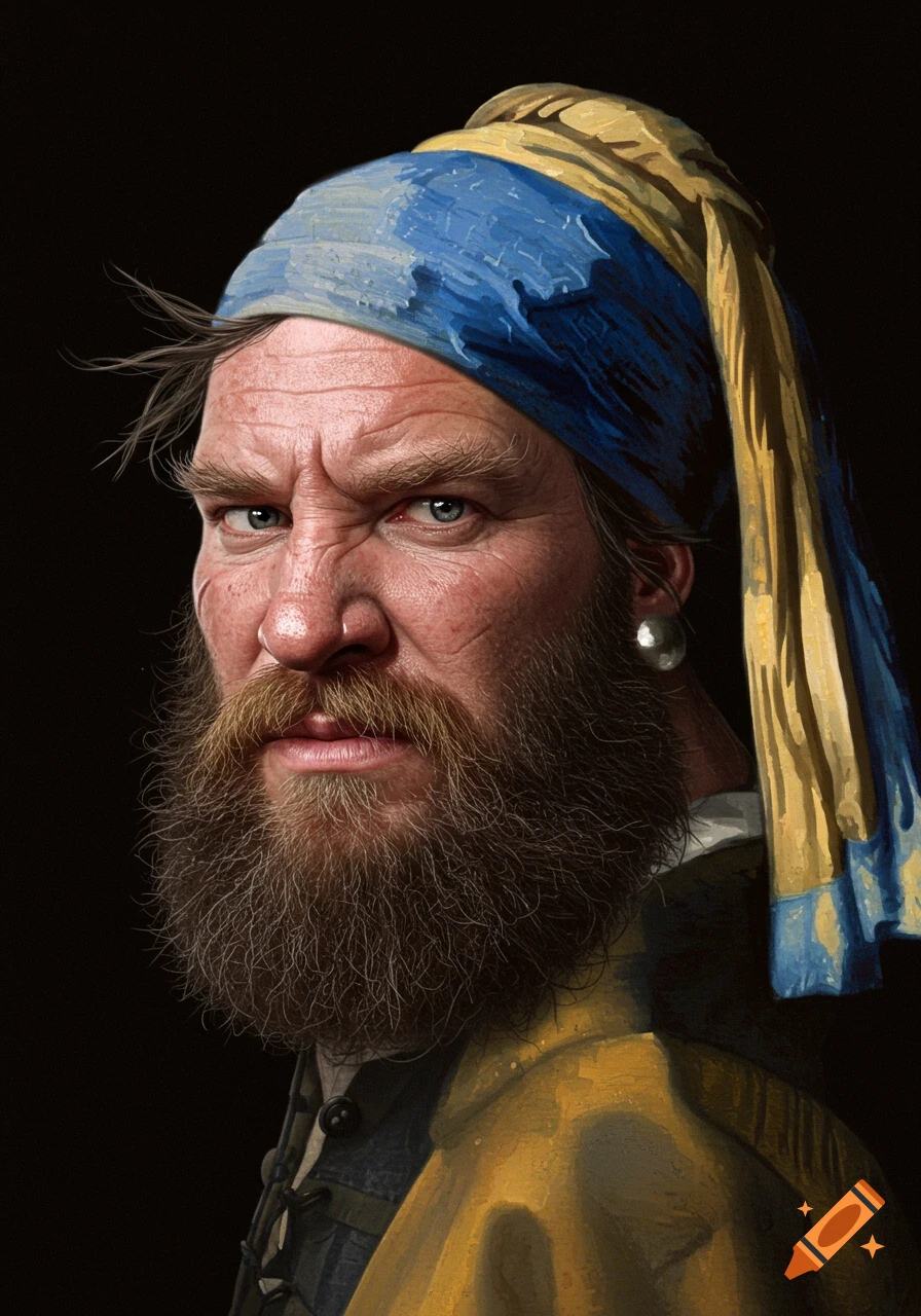 A bearded man with a stern expression, wearing a blue and yellow turban and a pearl earring, in a painterly style.