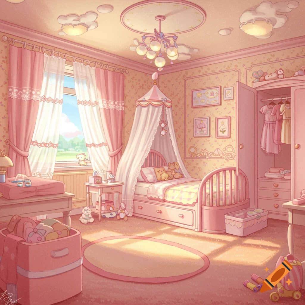 A soft pink and pastel cartoon-style child's bedroom with a canopy bed, changing table, open wardrobe, and cloud-shaped ceiling lights.