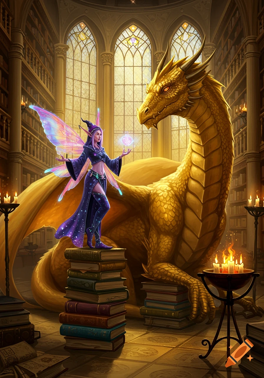 A pixie wizard stands on a stack of books, speaking with a large golden dragon in a grand, candlelit library with tall arched windows.