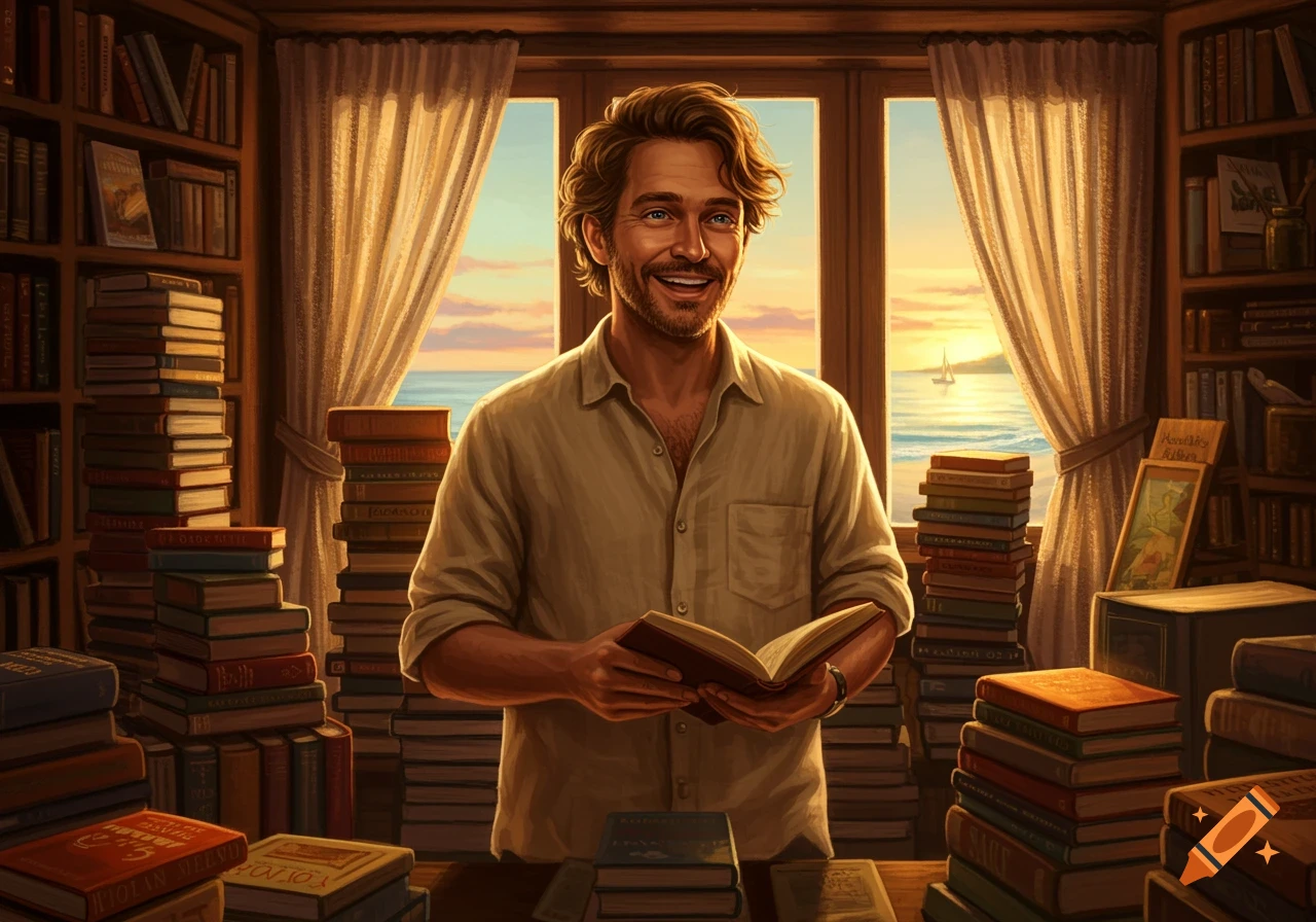 A smiling man holding a book stands in a library filled with stacks of books, a window behind him revealing a sunset over the ocean.