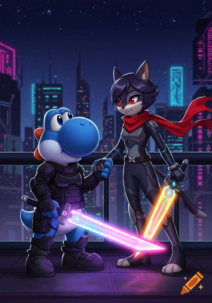 A blue Yoshi-like creature and a cat-like warrior hold hands, wielding glowing swords on a futuristic balcony overlooking a neon city.