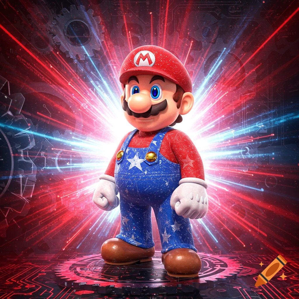 A stylized render of Mario in blue overalls with white stars, a red shirt, and a red hat, standing against a vibrant background of red and blue light rays and glowing circuit board patterns.