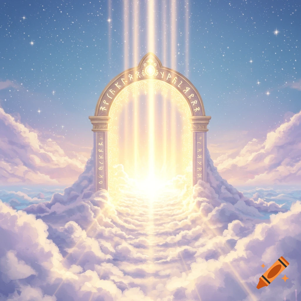 A luminous golden archway portal stands atop fluffy white clouds, with bright light emanating from within and beams stretching into a starry blue sky.