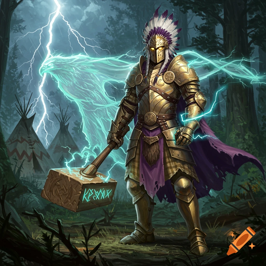 A warrior in golden armor and a feathered headdress stands in a forest with teepees, wielding a glowing hammer as lightning strikes behind a spectral thunderbird.
