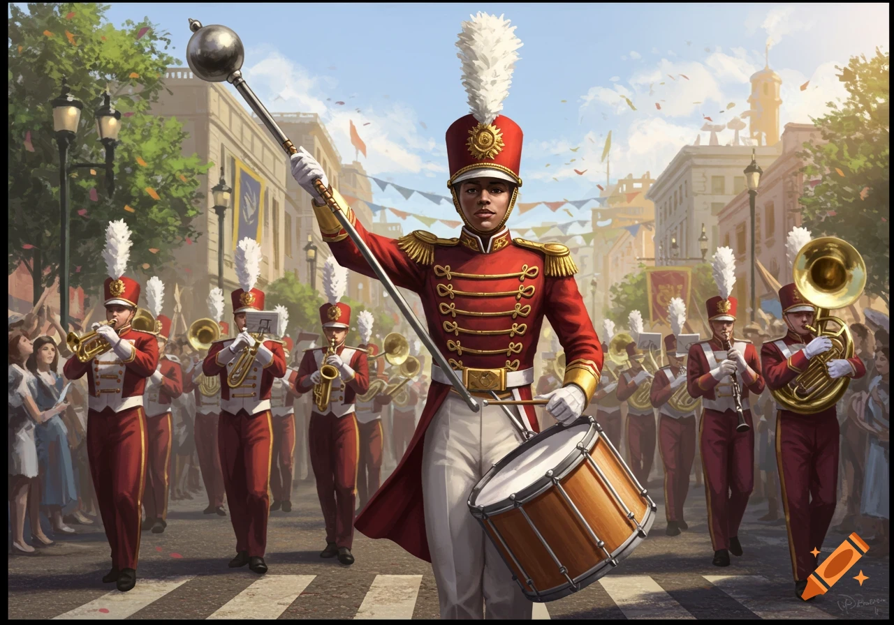 A drum major in a red uniform leads a marching band down a city street, with confetti in the air.