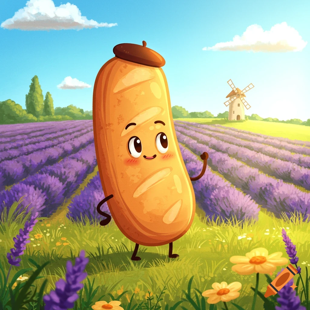 A cute, smiling cartoon baguette wearing a beret stands in a vibrant lavender field with a windmill under a sunny sky.