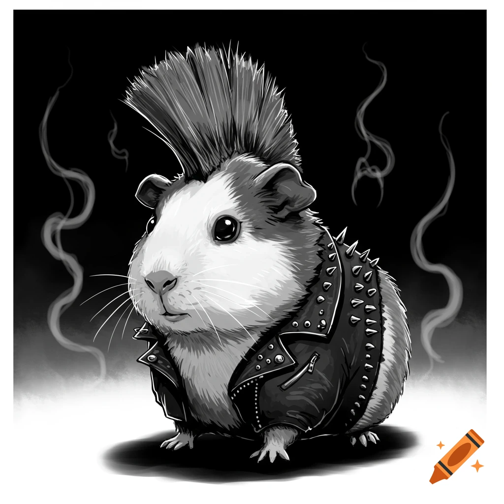 A black and white illustration of a guinea pig wearing a studded leather jacket and a tall mohawk.
