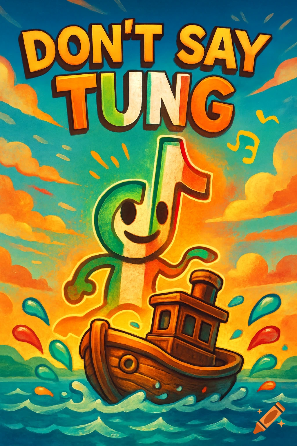 Cartoon poster for a game, 'DON'T SAY TUNG', featuring a smiling musical note character in Italian flag colors above a small wooden tugboat on choppy blue water, under an orange and blue sky.