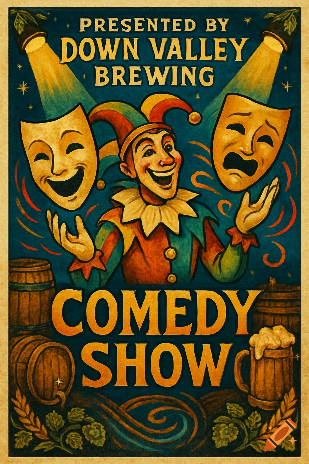 A vintage-style poster advertising a comedy show presented by Down Valley Brewing, featuring a jester and theater masks.