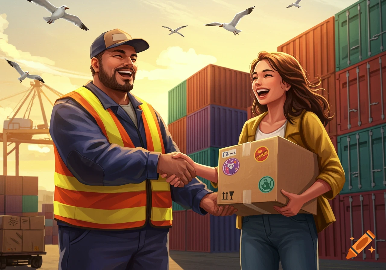 A happy male shipper in a yellow vest and a smiling female receiver shake hands at a port with cargo containers and seagulls in the background. Illustrative style.