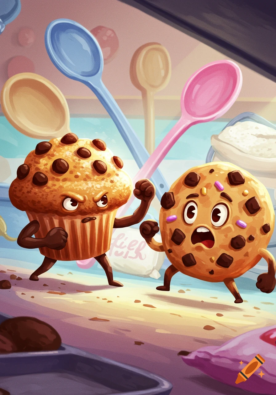 A vibrant cartoon shows an angry muffin character fighting a scared cookie character in a kitchen, surrounded by oversized baking utensils.