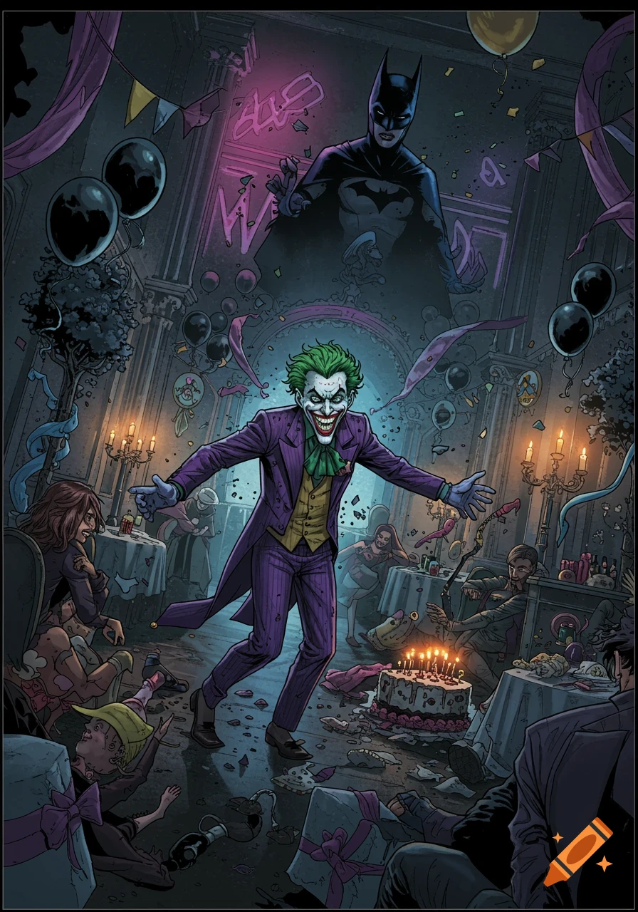 A comic book illustration depicts the Joker crashing a birthday party, smiling maniacally amidst chaos, with an angry Batman looming in the background.