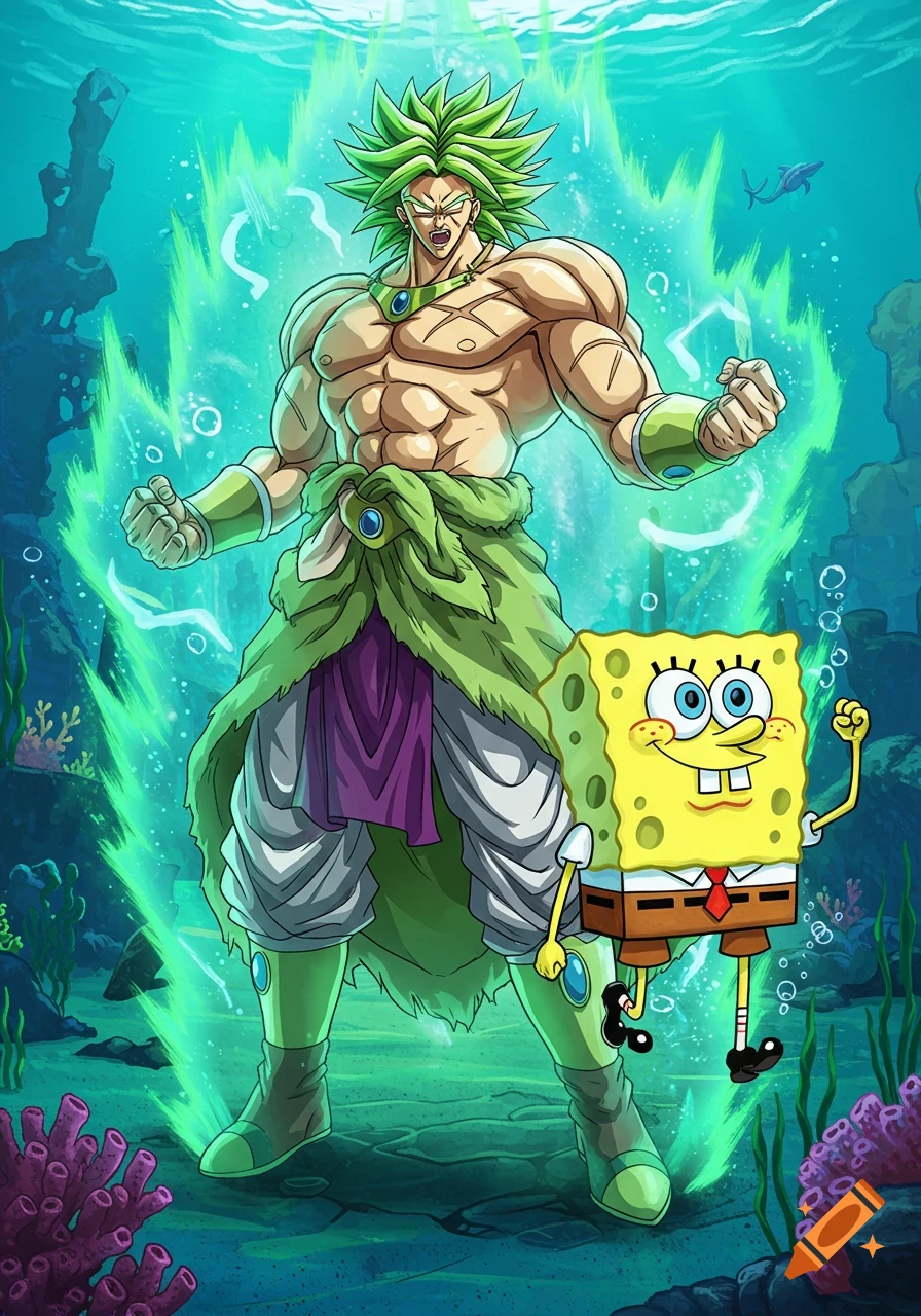 Broly from Dragon Ball in his Legendary Super Saiyan form stands with a smiling Spongebob Squarepants underwater in an anime cartoon style.