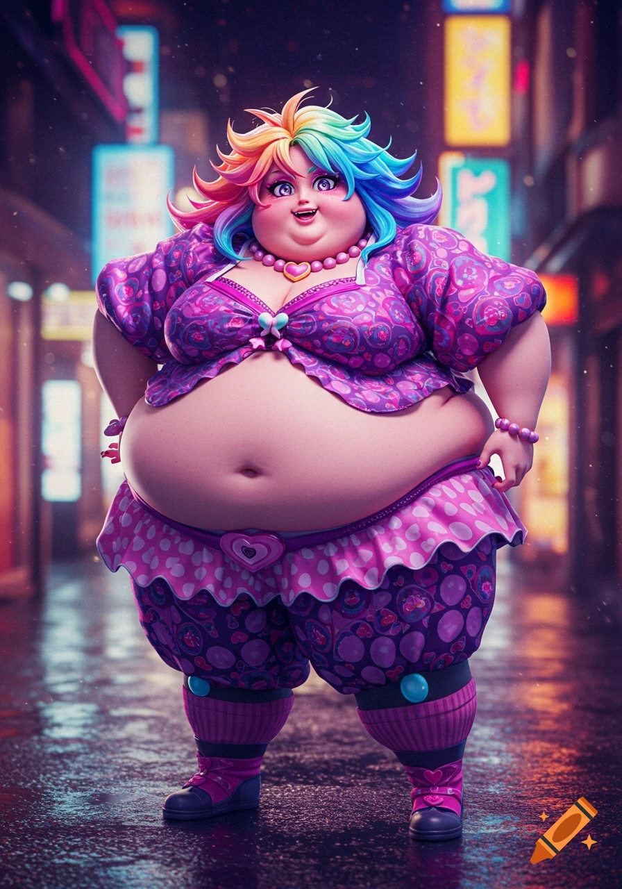 Super obese anime character with rainbow hair in a purple and pink outfit on a rainy city street at night.