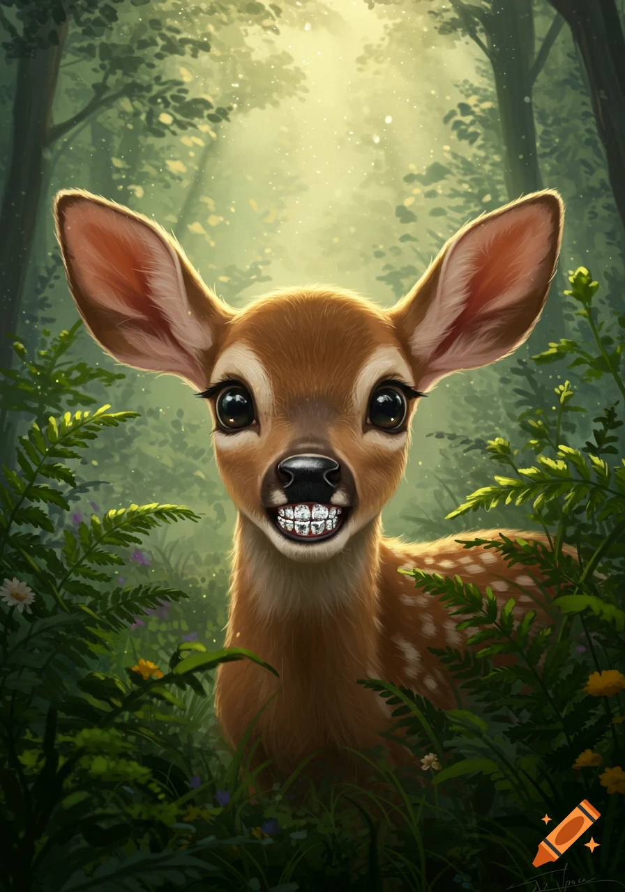 A cute baby deer with large eyes and diamond grills on its teeth smiles in a lush green forest.