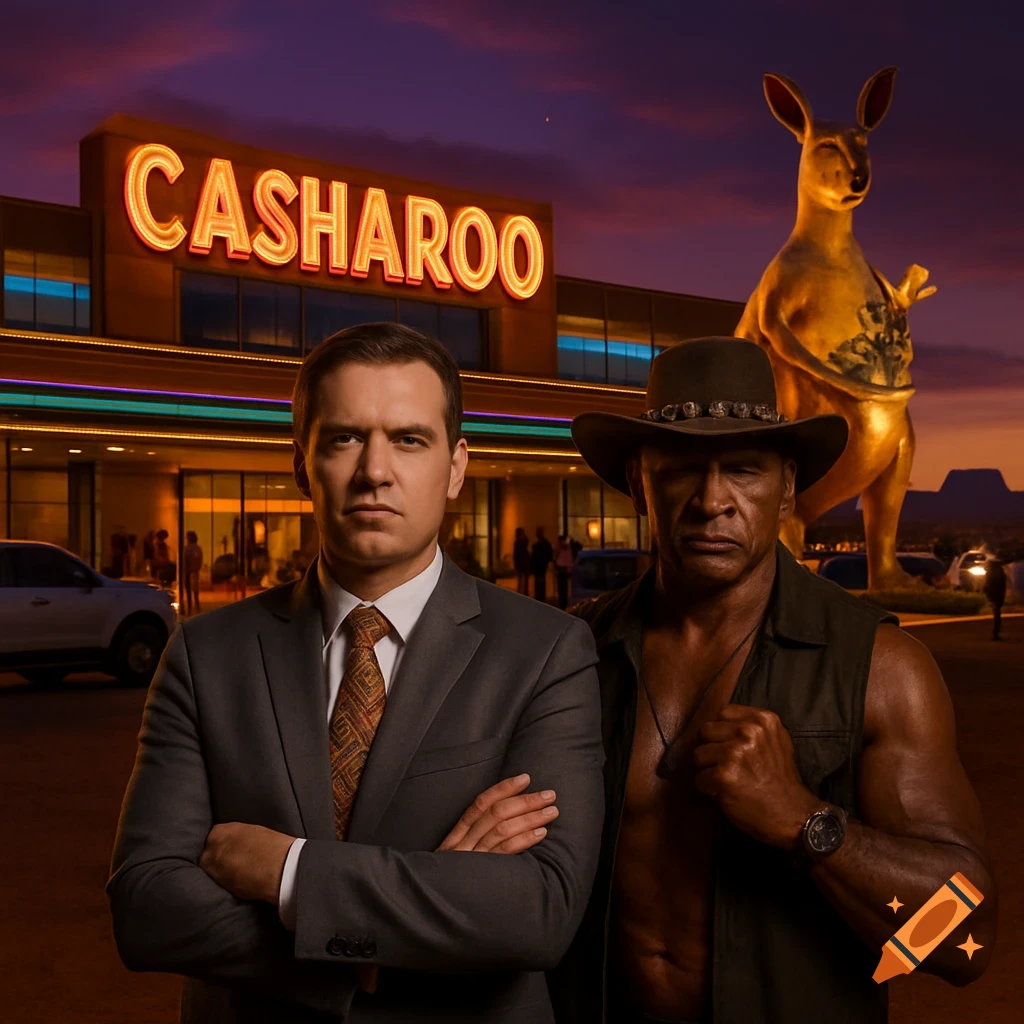 Two men, one in a suit and one muscular in a hat, stand in front of a neon-lit Casharoo casino with a large kangaroo statue at dusk. Photorealistic.
