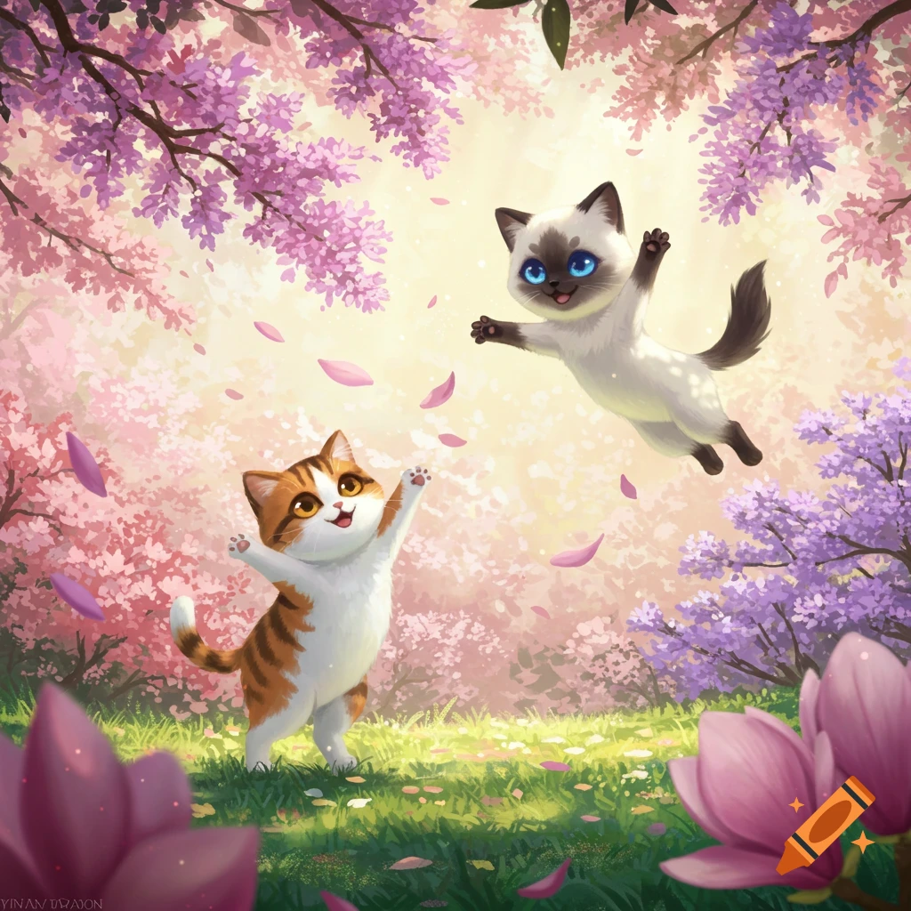 Two cute cartoon cats, one calico and one Siamese, happily play amidst pink and purple cherry blossoms and falling petals in a sun-dappled garden.