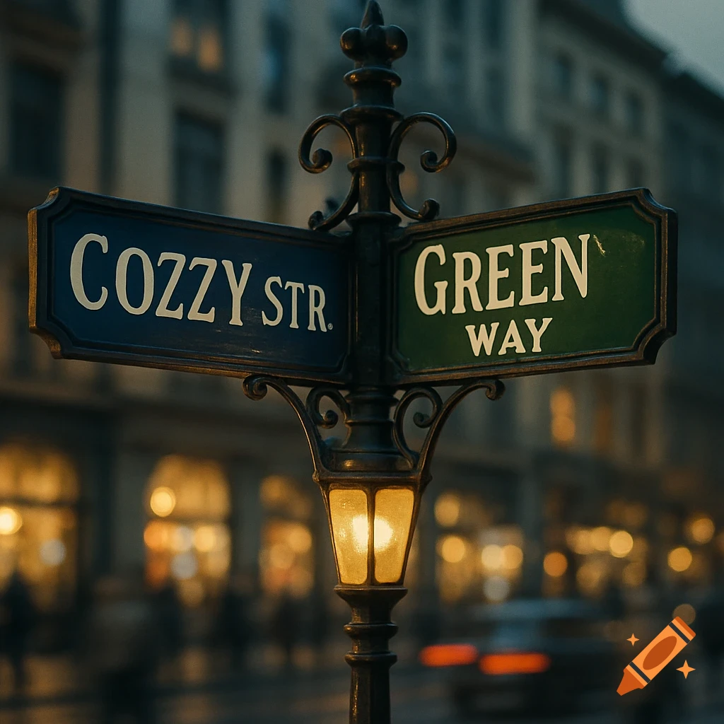 An old-fashioned street sign at dusk with 'Cozzy Str.' on a blue sign and 'Green Way' on a green sign, city lights in the blurred background.