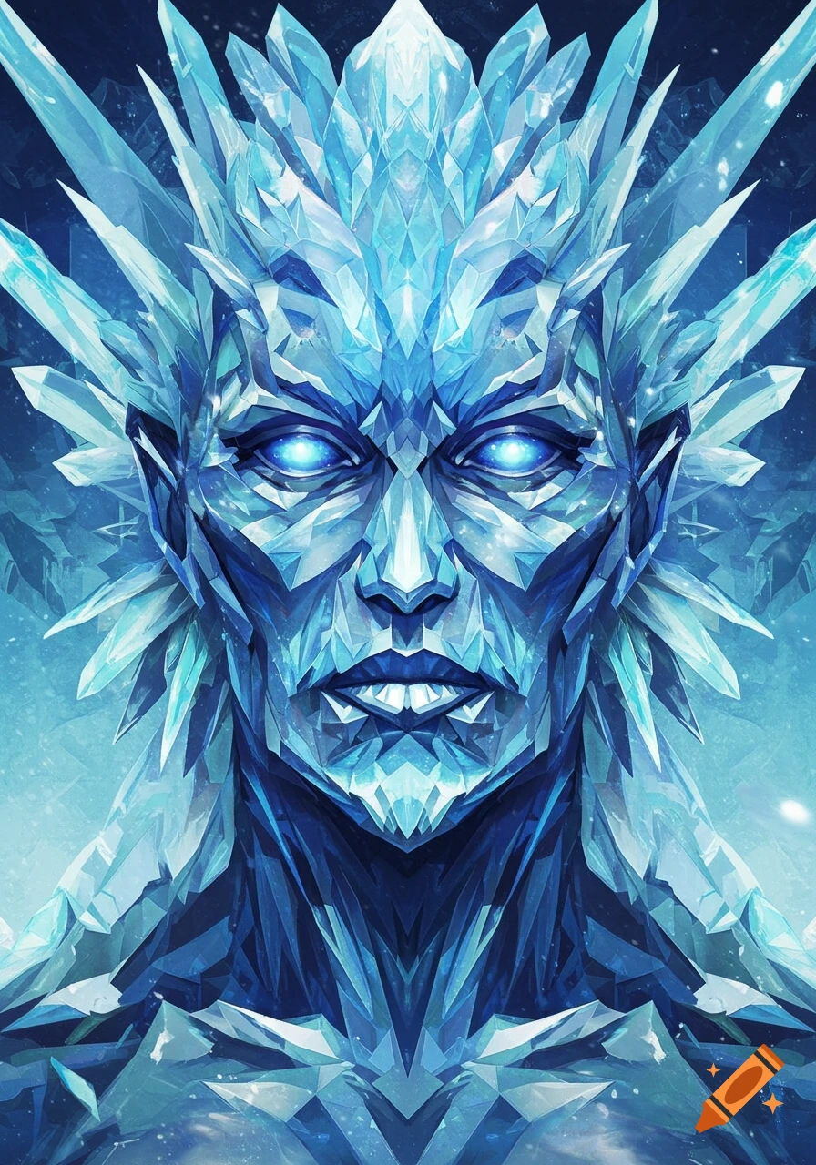 Geometric abstract portrait of a frost giant with glowing blue eyes, made of sharp ice crystals.
