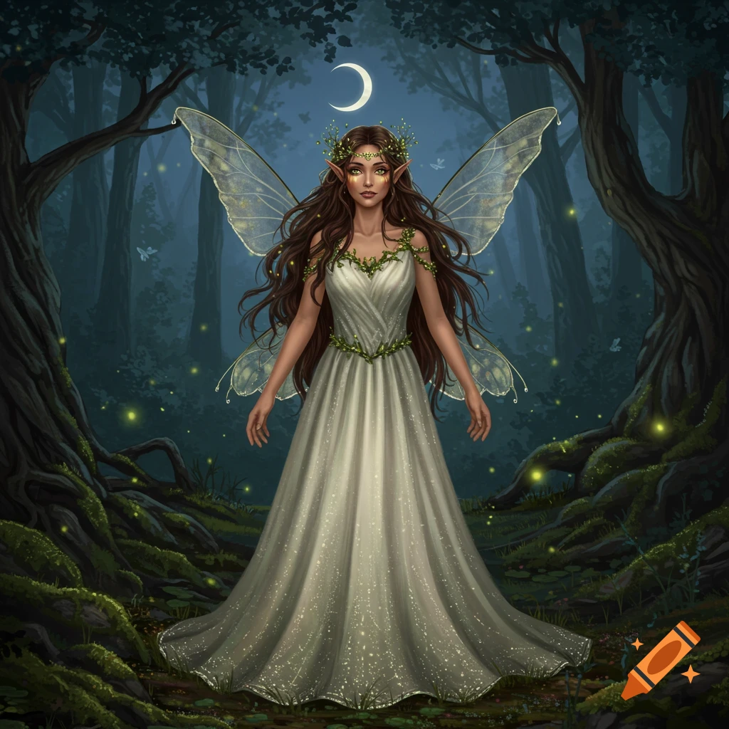 A brunette fae princess with golden eyes, delicate wings, and a white gown stands in a dark, enchanting forest with glowing fireflies and a crescent moon.