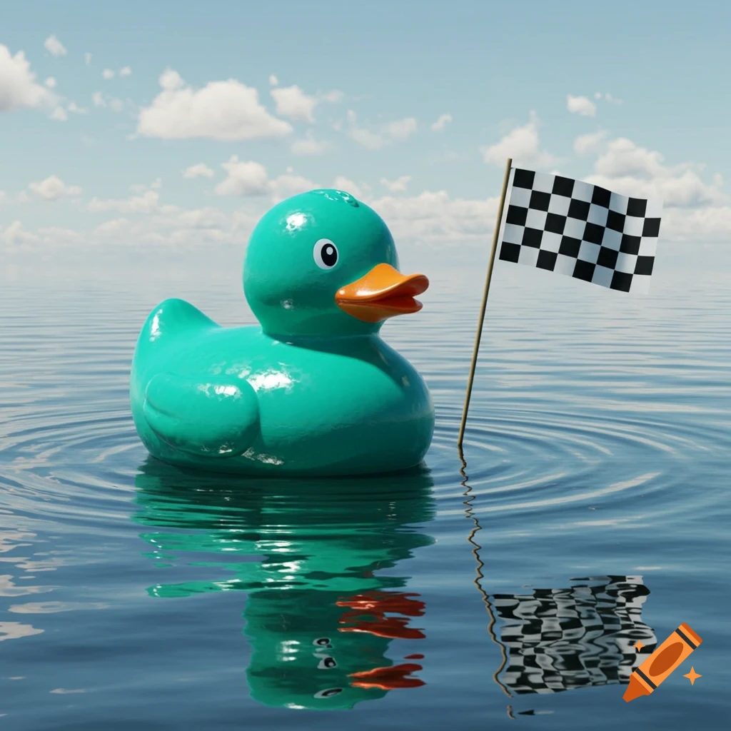 A realistic teal rubber duck floats on water, with a black and white checkered flag on a stick beside it under a blue sky.