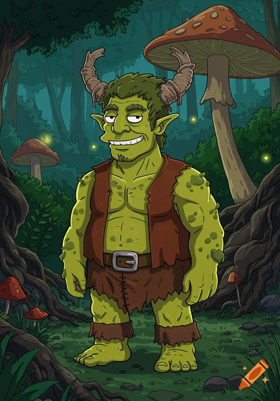 A muscular, green-skinned cartoon troll with horns and a smirk stands in a dark forest with large mushrooms and fireflies.