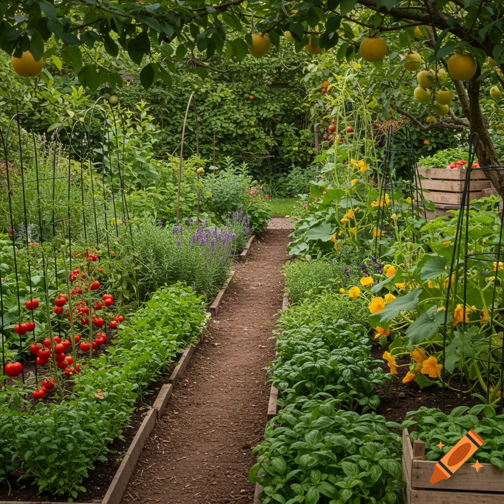 A lush, photorealistic kitchen garden with a dirt path winding between rows of thriving tomato plants, basil, and flowering squash, under fruit trees.