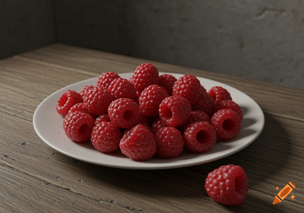 A photorealistic image of a plate of red raspberries on a wooden table, with one raspberry sitting off the plate.