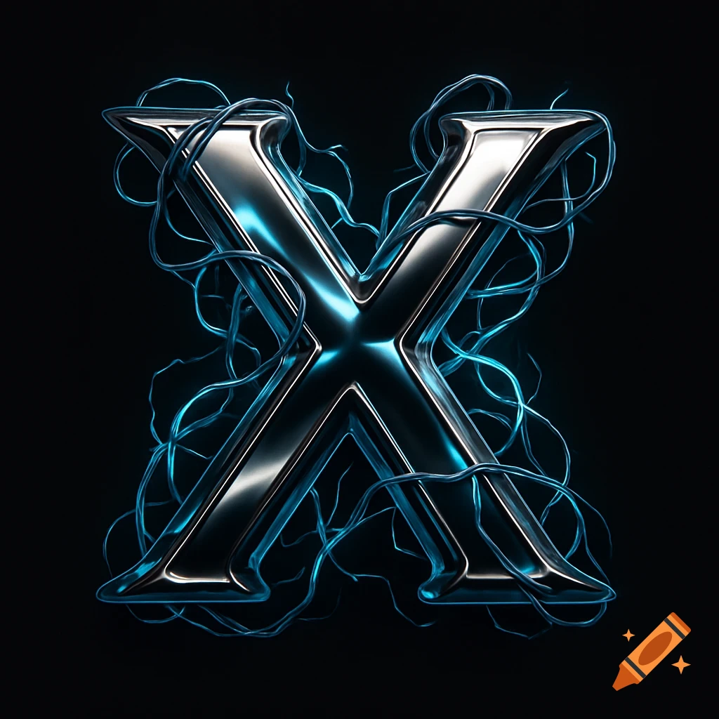 A metallic, glowing blue letter X on a black background, entangled with electric blue tendrils.