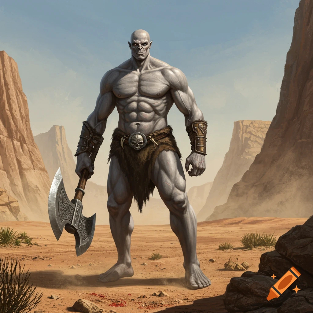 A bald, gray-skinned barbarian with a fur loincloth holds a double-headed axe in a desert canyon.
