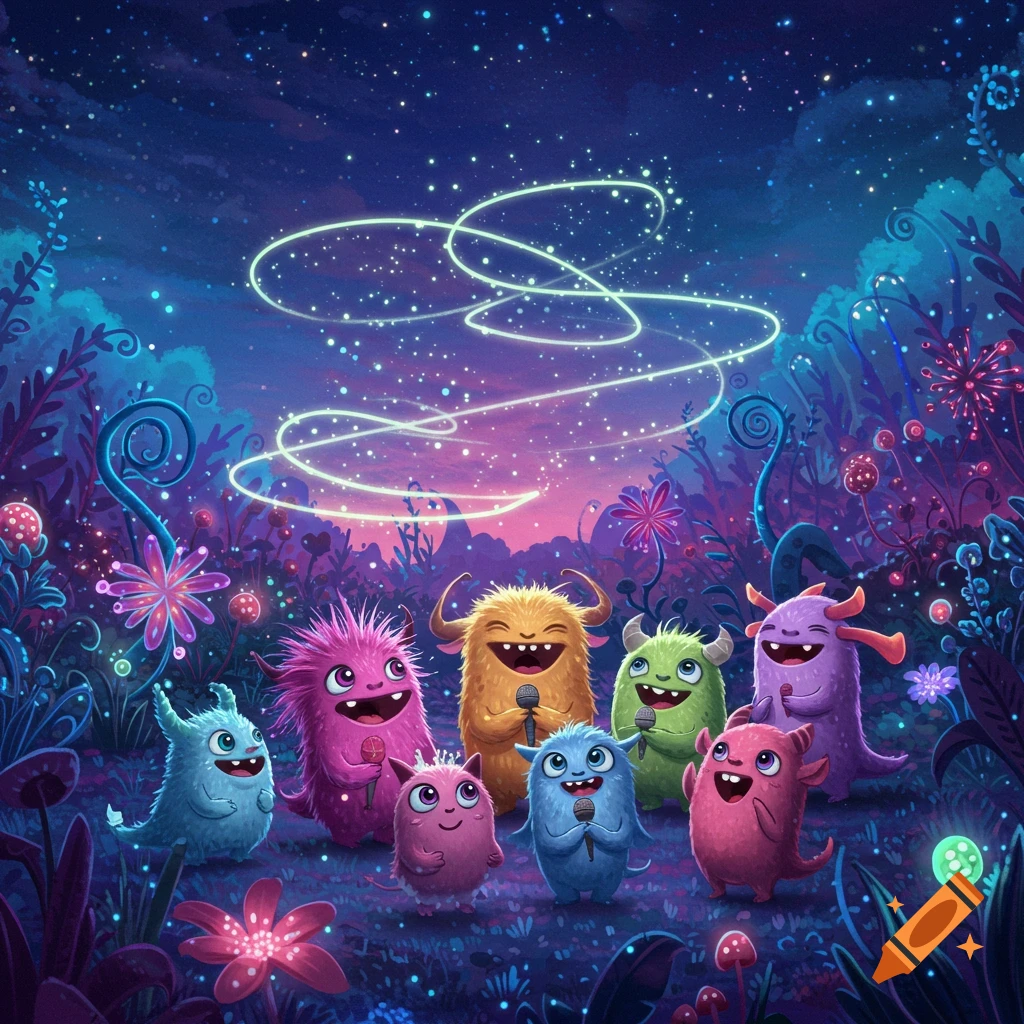 Cute, colorful cartoon monsters singing with microphones in a vibrant, glowing fantasy forest under a starry night sky.
