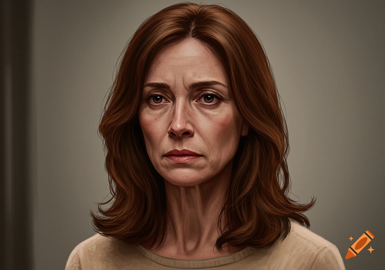 Photorealistic portrait of a middle-aged woman with long brown hair, looking forward with a somber expression.