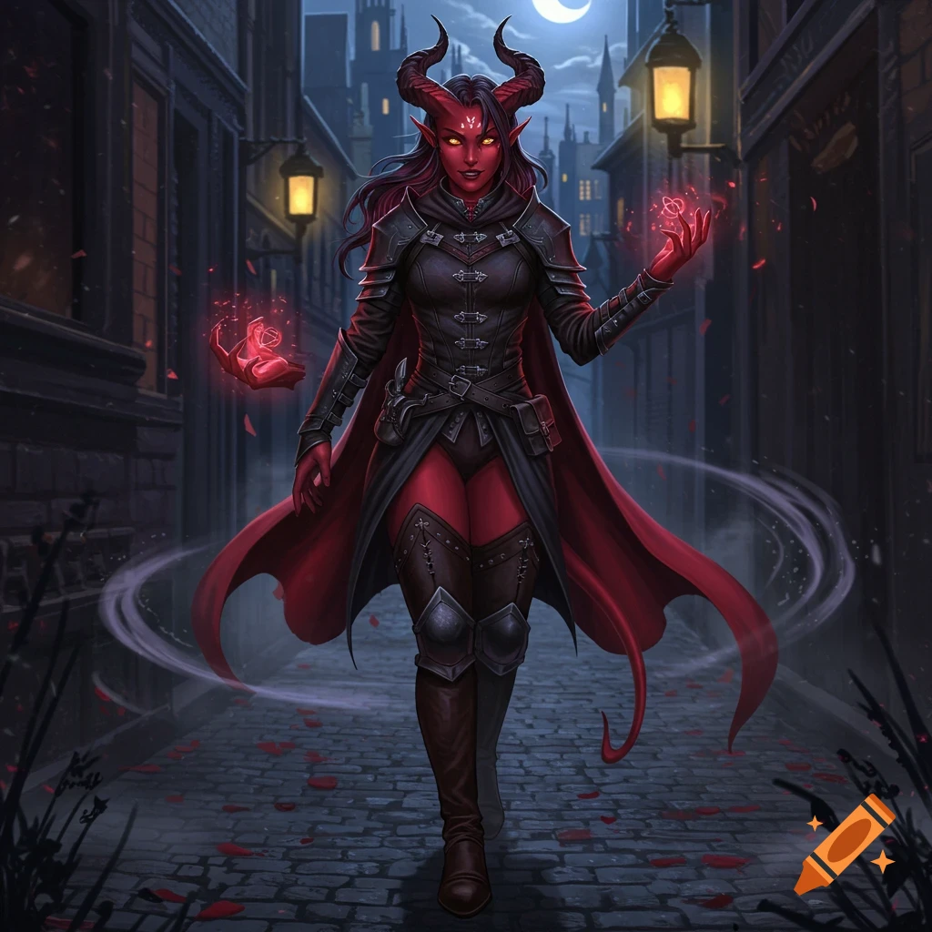 A red-skinned female tiefling in black armor and a flowing red cape walks down a dark, cobbled street at night, conjuring red magical energy in her hands.