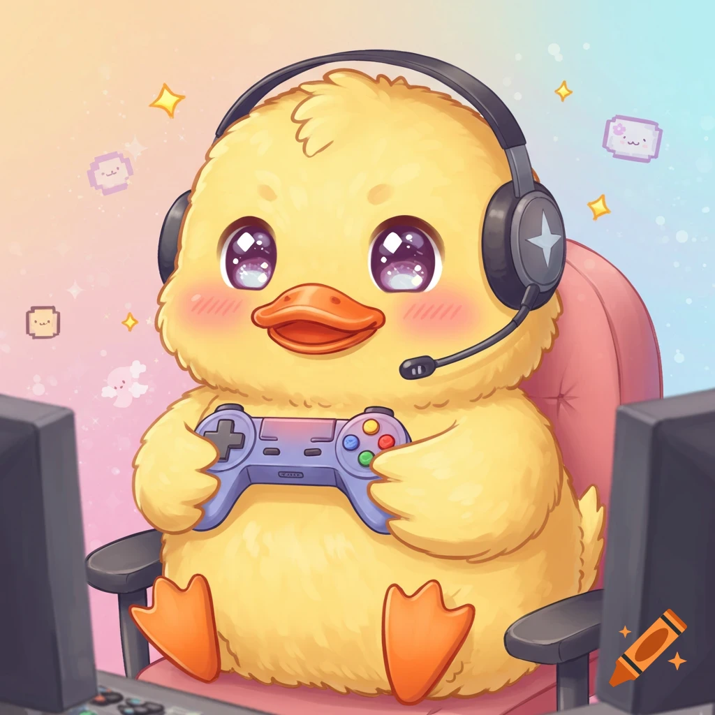 A cute, fluffy yellow cartoon duck wearing a headset and holding a video game controller, sitting in a pink chair.