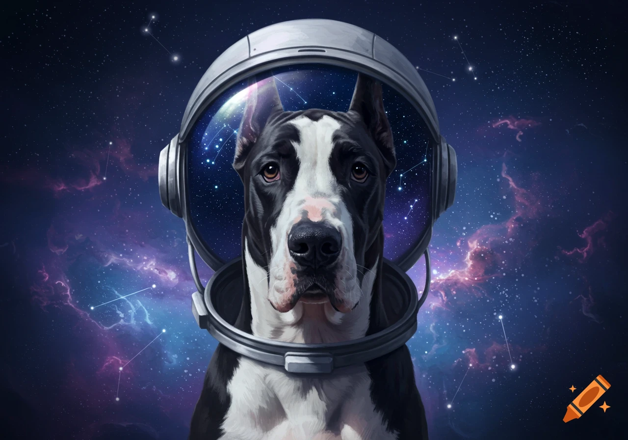 A black and white Great Dane dog in a space helmet, staring forward, against a starry galaxy background.