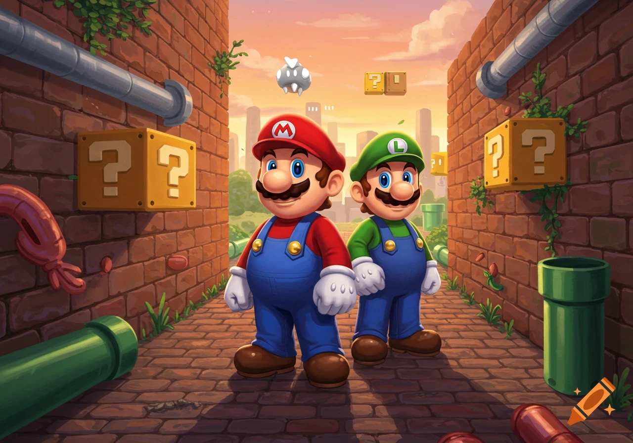 Mario and Luigi stand between brick walls with question mark blocks and pipes, under an orange sky with distant city buildings, in an illustrative style.