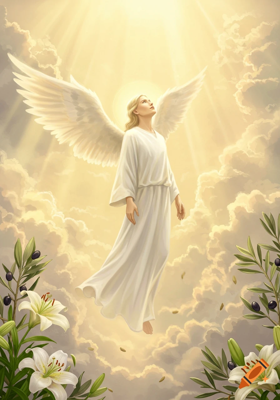 An angelic figure with white wings and a flowing white robe floats among golden clouds, looking up into a radiant light, with lilies and olive branches.