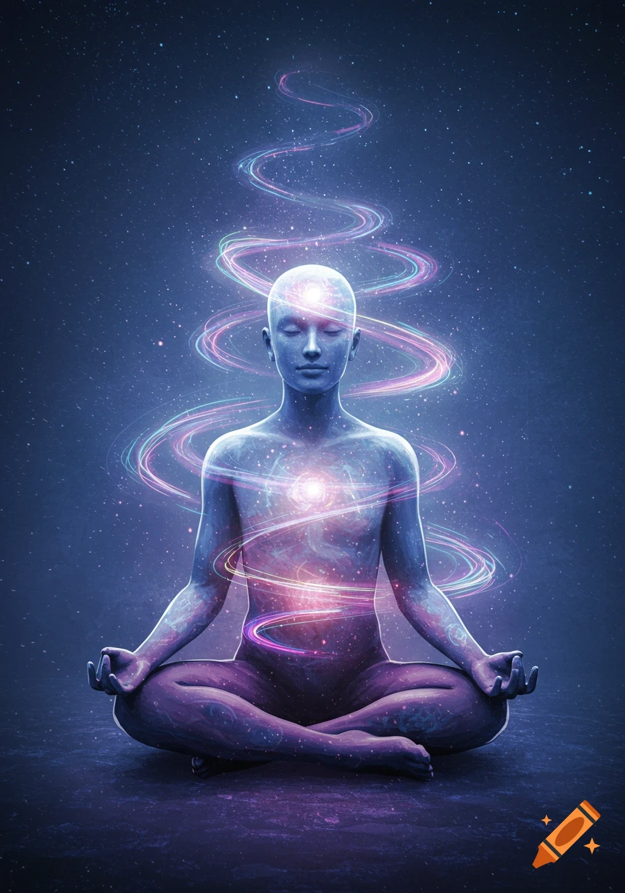 A person in a meditative pose with eyes closed, surrounded by swirling, colorful wavelengths and cosmic light against a starry dark blue background.